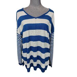 Womens Sweater Striped Contrasting Sleeve Blue White Tunic Stretch Large 12-14